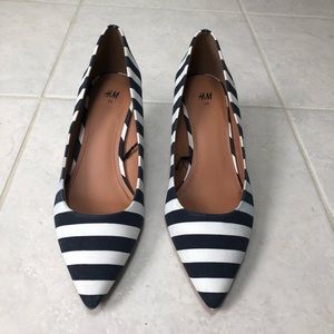 Navy and white striped pumps